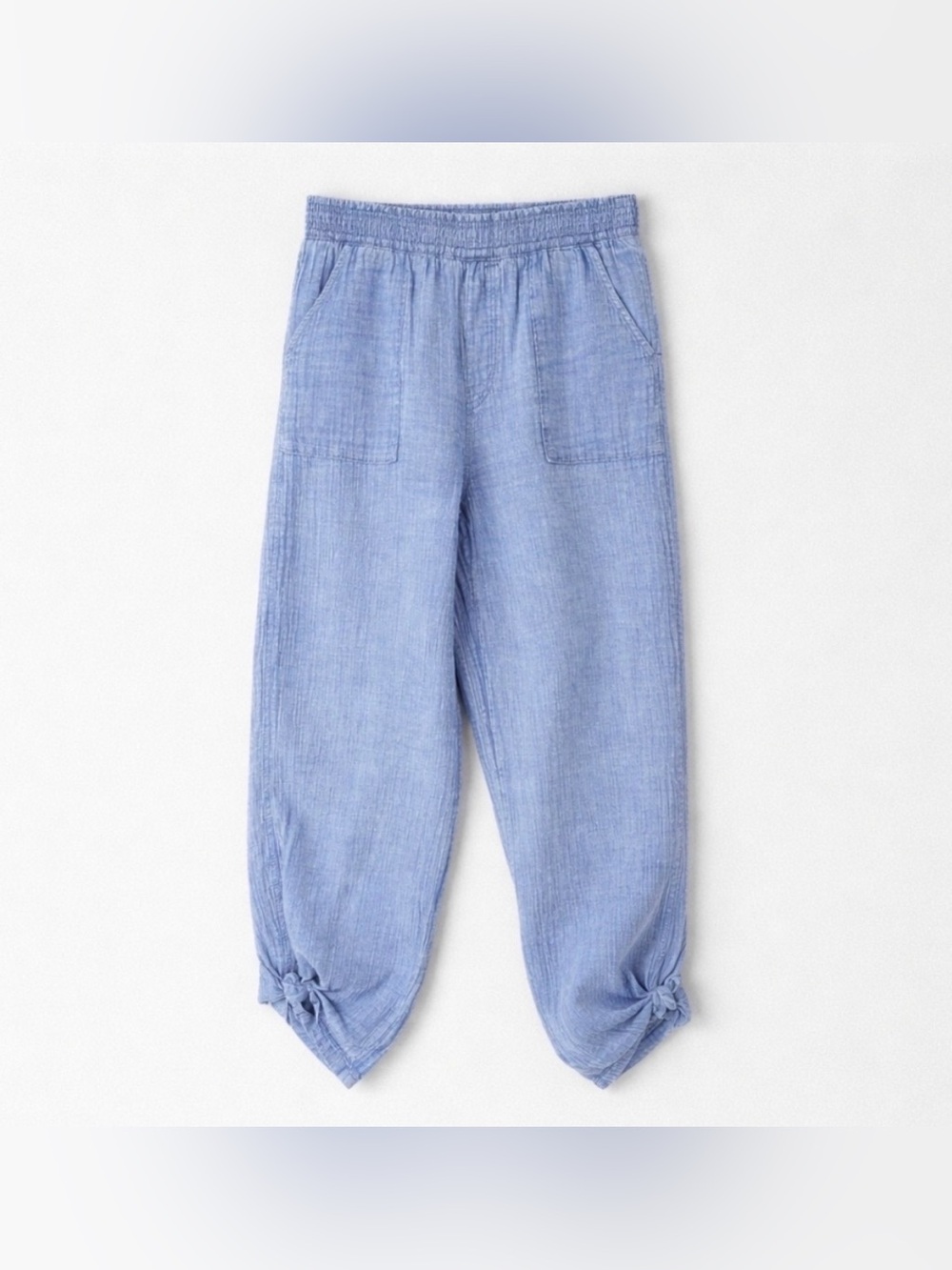 SO Coastal Boho Blue Cotton Gauze Pants M Smocked High Waist Tie Ankle Beachy
